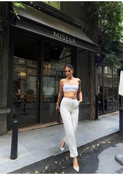 Kadın Duble Paça Taba Kemerli Ekru Keten Pantolon