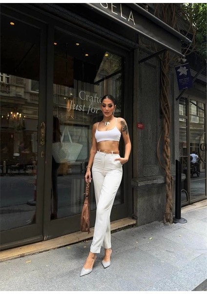 Kadın Duble Paça Taba Kemerli Ekru Keten Pantolon