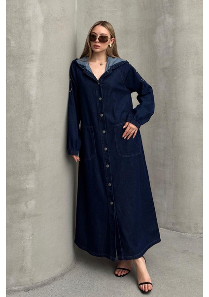 Kapüşonlu Düğme Detaylı Denim Kap Koyu Mavi 6711