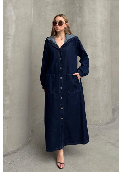 Kapüşonlu Düğme Detaylı Denim Kap Koyu Mavi 6711