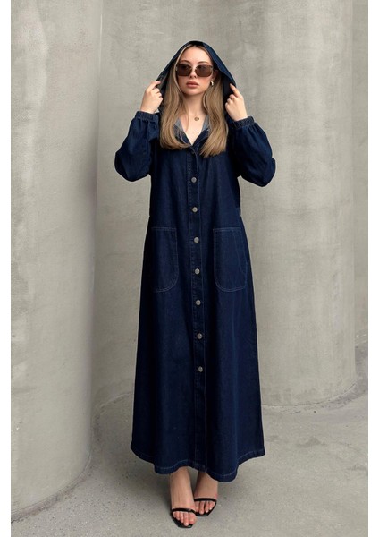 Kapüşonlu Düğme Detaylı Denim Kap Koyu Mavi 6711