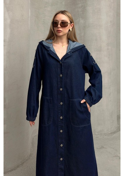 Kapüşonlu Düğme Detaylı Denim Kap Koyu Mavi 6711