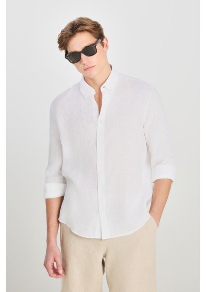 Regular Fit Normal Kesim Beyaz Keten Gömlek