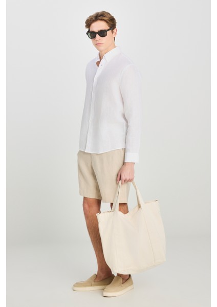 Regular Fit Normal Kesim Beyaz Keten Gömlek modelleri