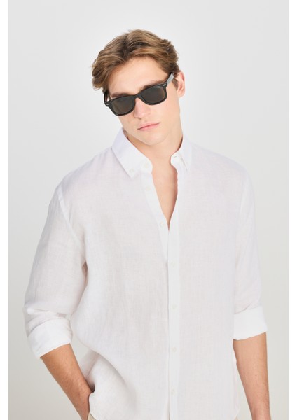 Regular Fit Normal Kesim Beyaz Keten Gömlek fırsatları