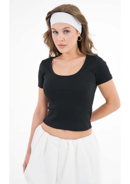 Siyah U Yaka Fitilli Örme Crop Bluz