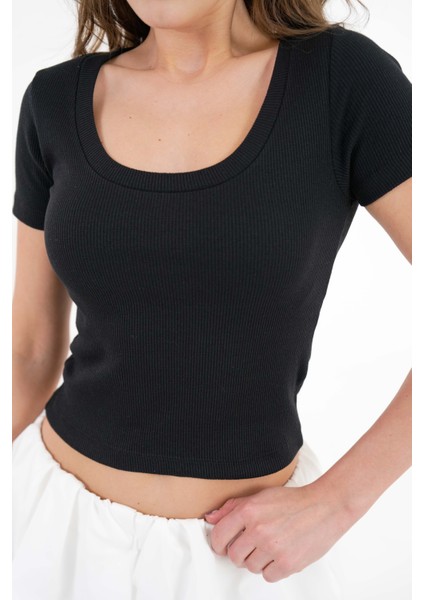 Siyah U Yaka Fitilli Örme Crop Bluz fiyatları