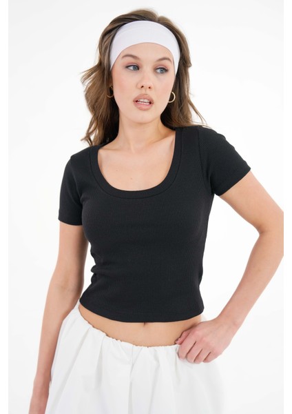 Siyah U Yaka Fitilli Örme Crop Bluz fırsatları