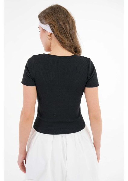 Siyah U Yaka Fitilli Örme Crop Bluz indirimleri