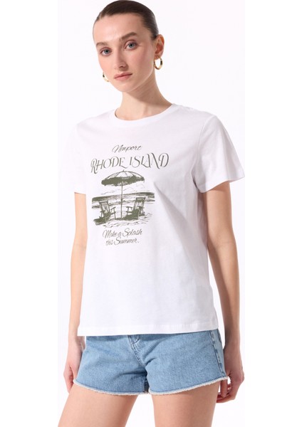 Bisiklet Yaka Baskılı Beyaz Kadın T-Shirt F5SL-TST0473 fırsatları