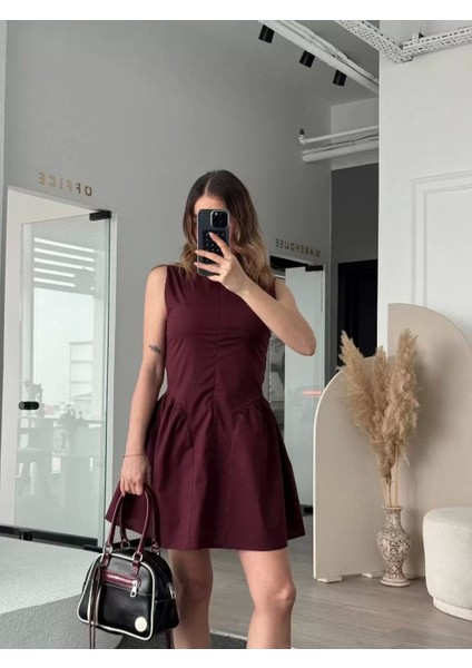 Fermuar Detaylı Mini Elbise - Kahve