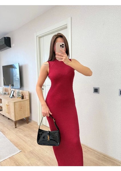 Fitilli Triko Elbise Maxi Uzun Boy - Bordo