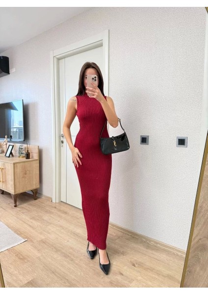 Fitilli Triko Elbise Maxi Uzun Boy - Bordo