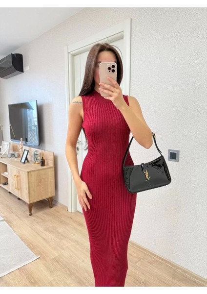 Fitilli Triko Elbise Maxi Uzun Boy - Bordo