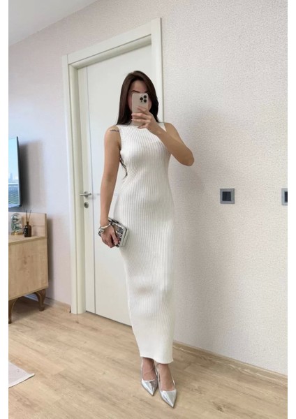 Fitilli Triko Elbise Maxi Uzun Boy - Beyaz