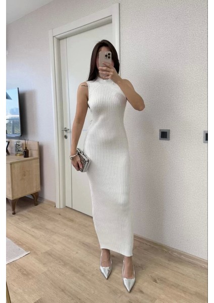 Fitilli Triko Elbise Maxi Uzun Boy - Beyaz