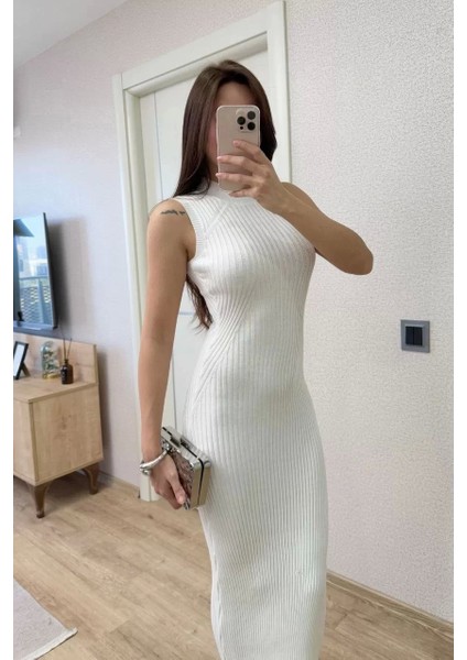 Fitilli Triko Elbise Maxi Uzun Boy - Beyaz