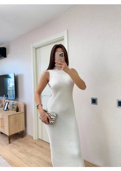 Fitilli Triko Elbise Maxi Uzun Boy - Beyaz