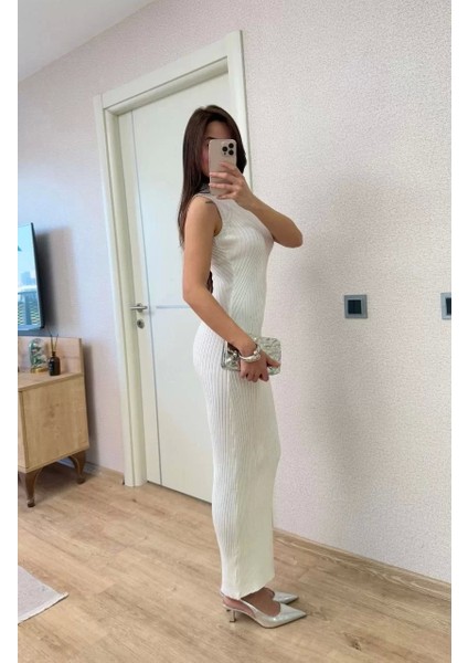Fitilli Triko Elbise Maxi Uzun Boy - Beyaz