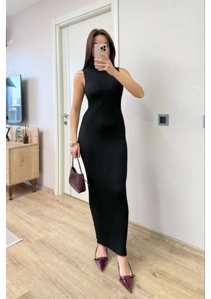 Fitilli Triko Elbise Maxi Uzun Boy - Siyah