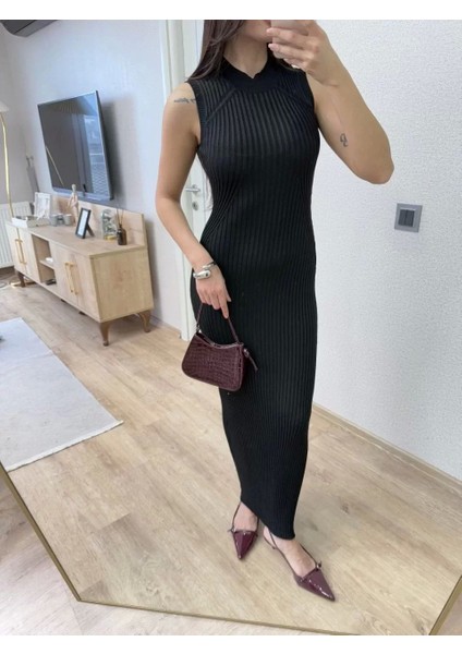 Fitilli Triko Elbise Maxi Uzun Boy - Siyah