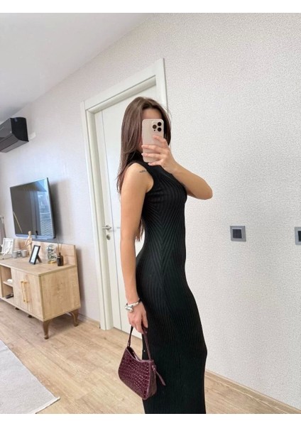 Fitilli Triko Elbise Maxi Uzun Boy - Siyah