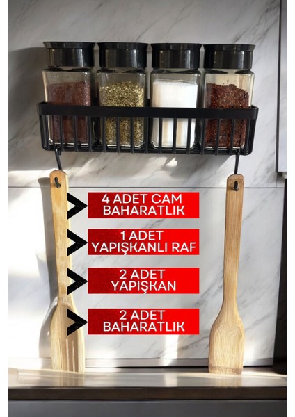 Luxury Standlı Cam Baharatlık Seti Takımı Duvara Monte Stantlı Baharat Rafı 4 Kavanoz 1 Baharat Standı 1 Adet