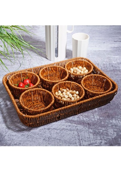 Luxury 7 Parça Rattan Hasır Örmeli Sunum Tabağı - Tepsili Çerezlik Set 1 Adet