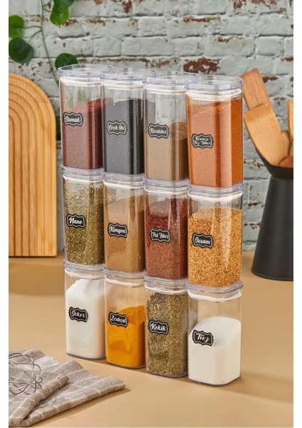 Luxury 12'li 300ML Vakumlu Kapak Şeffaf Baharatlık Takımı - Sızdırmaz Silikon Conta - Etiket Hediyeli 1 Adet