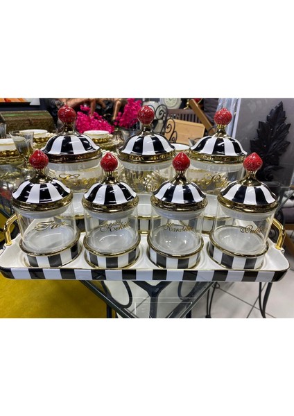 Luxury 15 Parça Siyah Beyaz Çizgili Tepsili Baharatlık 1 Adet modelleri