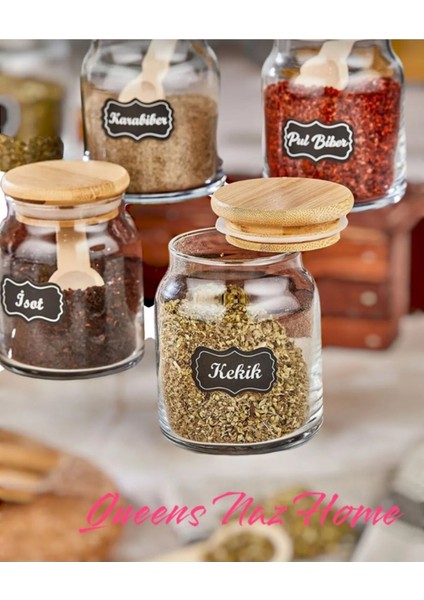 Luxury 6 Adet Bambu Kapaklı 300 ml Cam Kavanoz Etiket Hediyeli Baharatlik Seti 1 Adet