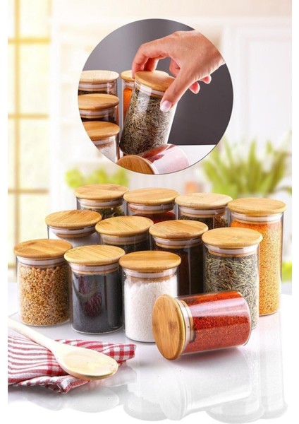 Luxury 12LI Bambu Kapaklı Borosilikat Cam Baharatlık Saklama Kabı Set BLS-6512-10-80 X4 1 Adet