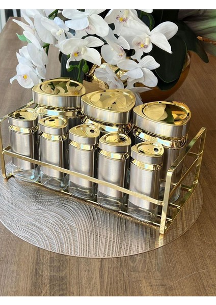 Luxury Marmo Standlı Kapaklı Kavanoz- Baharat Set 8‘li 1 Adet