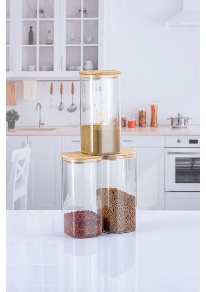 Luxury 3 Adet 800 ml Kare Bambu Kapaklı Lüks Baharatlık Seti 1 Adet