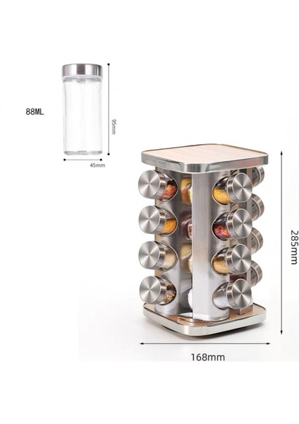 Luxury Döner Standlı Ahşap Desenli Metal Kapaklı 16'lı Cam Baharatlık Seti 1 Adet fiyatları
