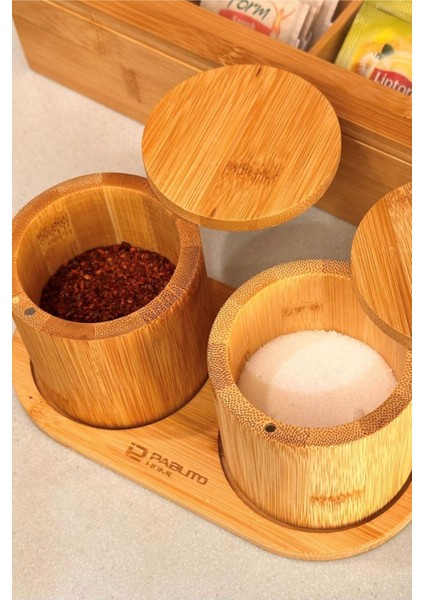 Luxury Bambu 2'li Baharatlık - Saklama Kutusu Seti, Standlı, Mıknatıs Kapaklı 1 Adet