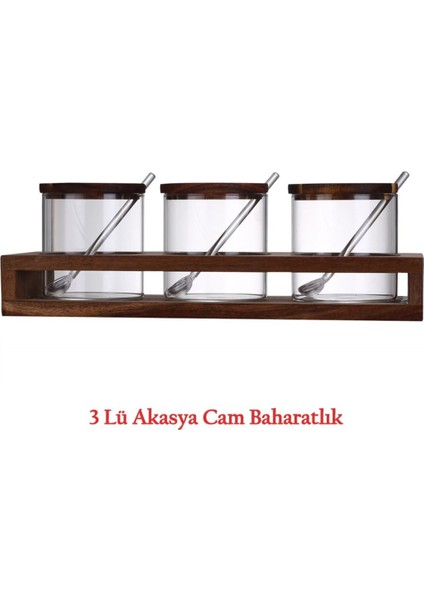 Luxury Borosilikat 3lü Akasya Cam Baharatlık Yuvarlak 1 Adet