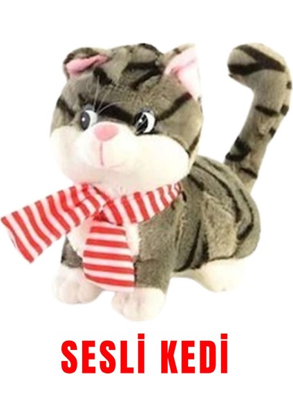 Luxury Miyavlayan Sesli Gri Beyaz Desenli Peluş Kedi Atkılı 1 Adet