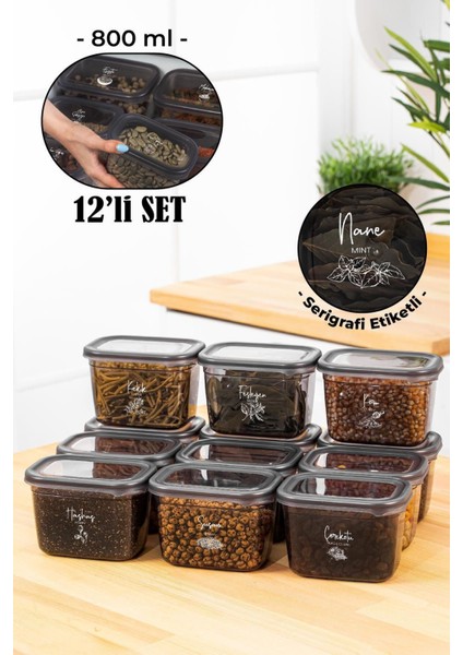 Luxury Beyaz Serigrafi Etiketli 12LI Peggy Dikdörtgen Baharatlık Seti 800 ml 1 Adet