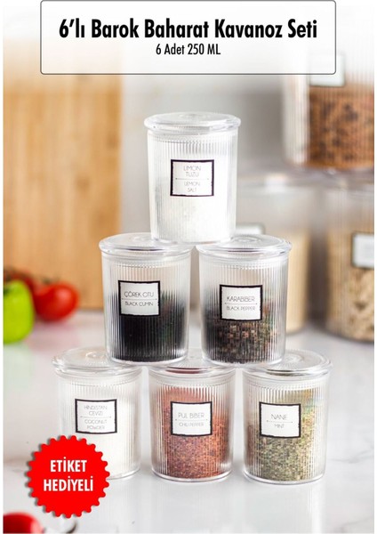 Luxury 6'lı Barok Yuvarlak Baharat Kavanoz Seti & Saklama Kabı & Erzak Kabı (6*250 Ml) 1 Adet