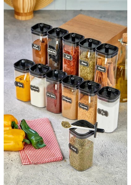 Luxury 12'li Kapağı Kendinden Kaşıklı ve Etiketli Mika Baharatlık Seti 300 ml Akrilik Baharat Takımı 1 Adet