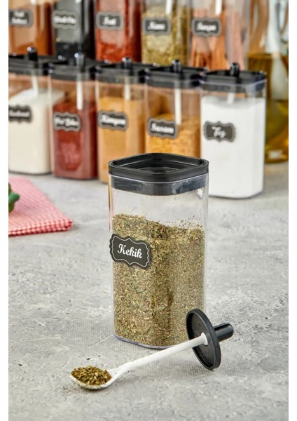Luxury 12'li Kapağı Kendinden Kaşıklı ve Etiketli Mika Baharatlık Seti 300 ml Akrilik Baharat Takımı 1 Adet