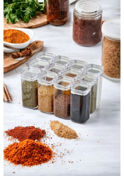 Luxury 12 Adet 300 ml Şeffaf Baharatlık | Akrilik Vakumlu Baharat Saklama Kabı Seti 1 Adet