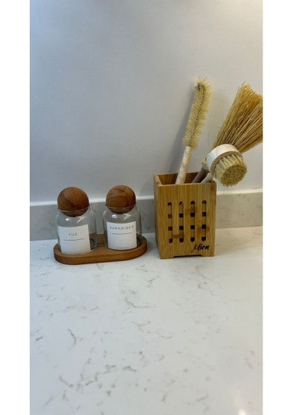 Luxury 2'li Stantlı Top Baharatlık/bambu Kaşıklık/3'lü Dekoratif Fırça 1 Adet