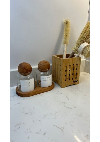 Luxury 2'li Stantlı Top Baharatlık/bambu Kaşıklık/3'lü Dekoratif Fırça 1 Adet
