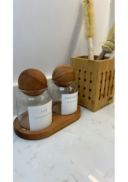 Luxury 2'li Stantlı Top Baharatlık/bambu Kaşıklık/3'lü Dekoratif Fırça 1 Adet