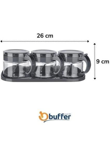 Luxury Buffer® siyah 3lü Standlı Kapaklı Kaşıklı Cam Hava Sızdırmaz Baharatlık Takımı KC-386 1 Adet