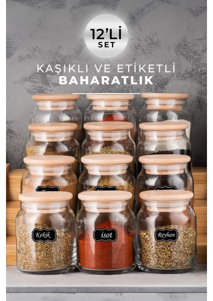 Luxury Etiketli, Bambu Kapaklı ve Kaşıklı 12'li Lüx Baharat Takımı 330 ml 1 Adet