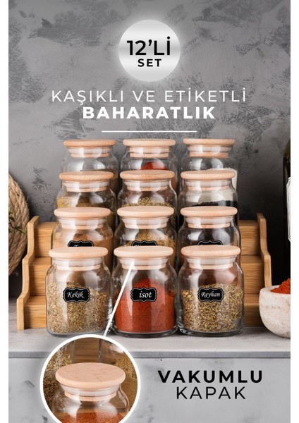 Luxury Etiketli, Bambu Kapaklı ve Kaşıklı 12'li Lüx Baharat Takımı 330 ml 1 Adet