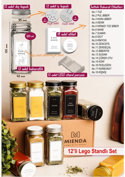 Luxury 12'li Şeffaf Kristal Plexi Standlı Cam Baharatlık Seti Kapaklı Beyaz Etiketli Baharatlık MH03SLVR12 1 Adet modelleri